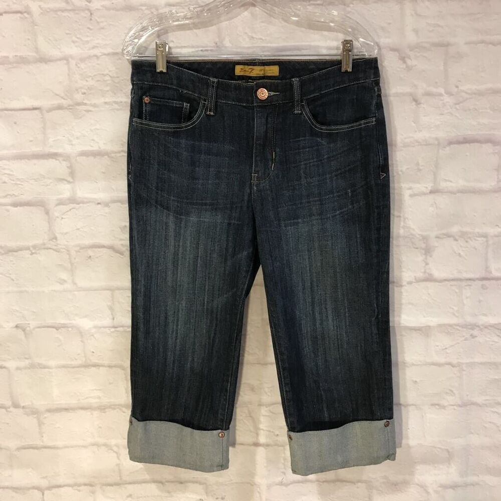 Seven 7 Womens Capri Cropped Denim Jeans Blue Dark Wash Stretch Cuffed Hem 6